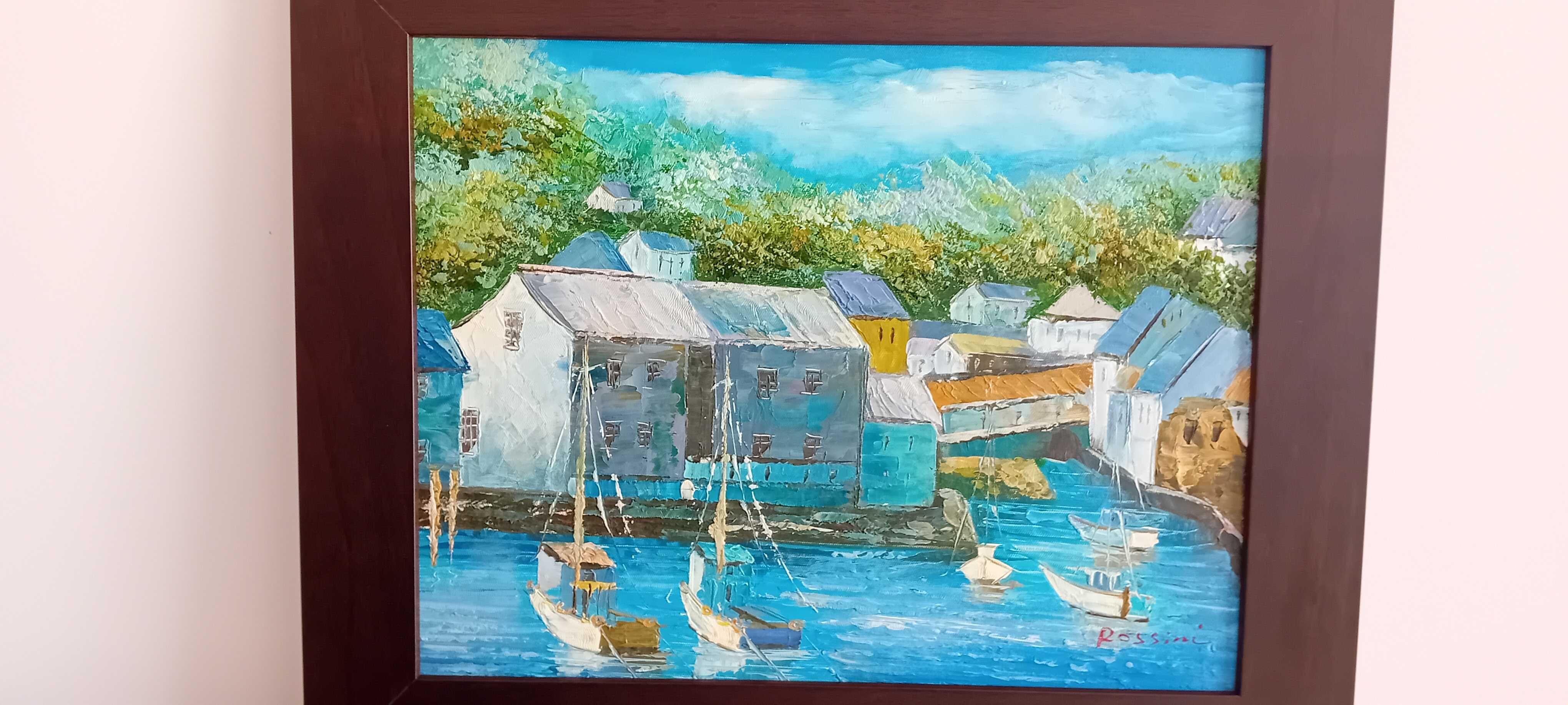 Pintura a óleo do sec.XX Cornish Harbour assinada Rossini