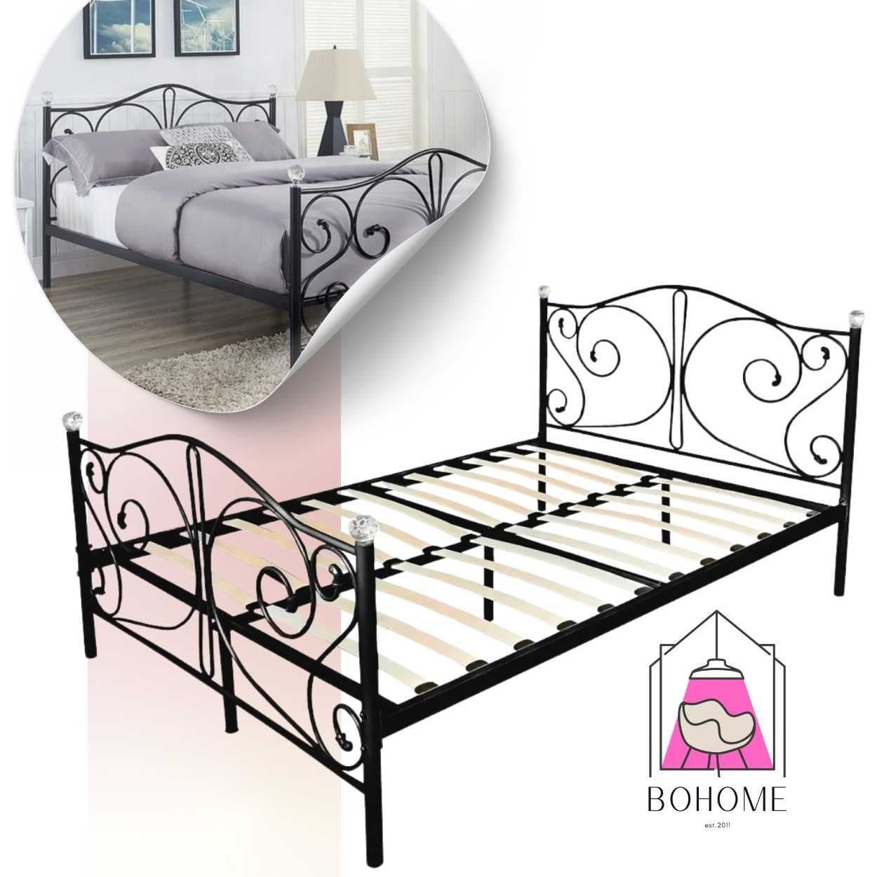 Łóżko Metalowe Glamour Czarne z Kryształkami 120x200 +Stelaż Drewniany