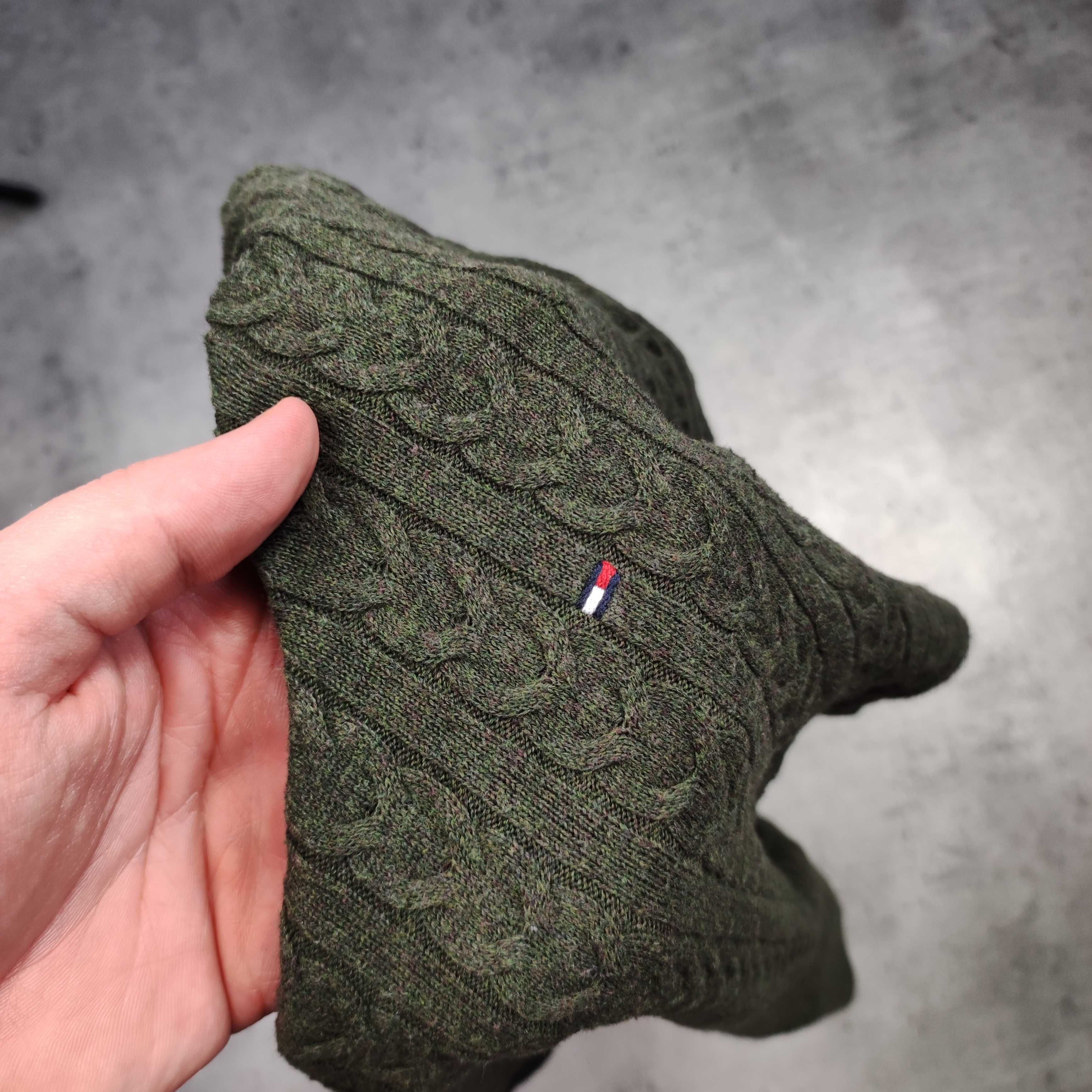 DAMSKI Sweterek Sweter Warkocz Pleciony Tommy Hilfiger Bawełna Khaki