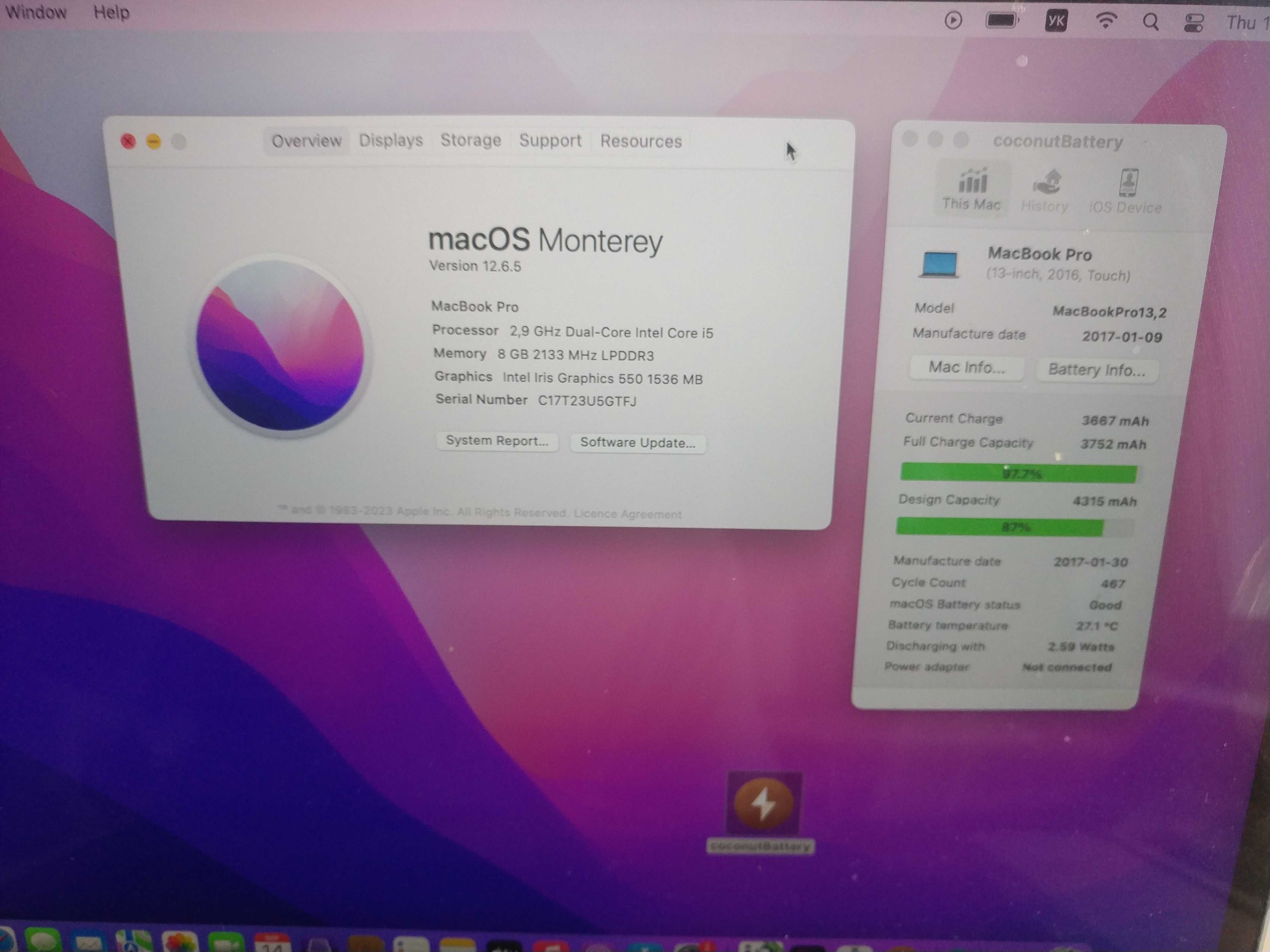 Macbook Pro A1706. 2.9Ghz/8/256