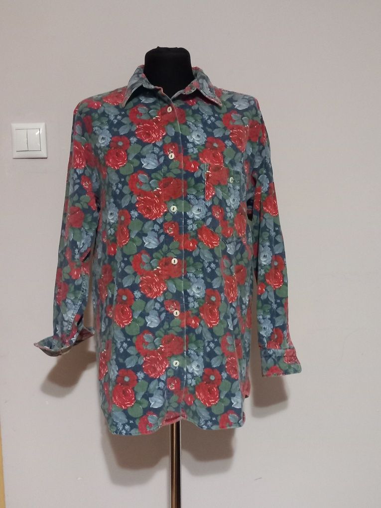 Koszula damska ze sztruksu Rękawy oversize print kwiatowy vintage j