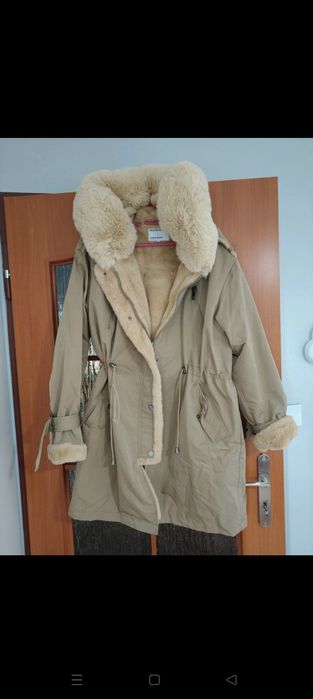 Kurtka Parka khaki beige wielki futrzany kaptur L
