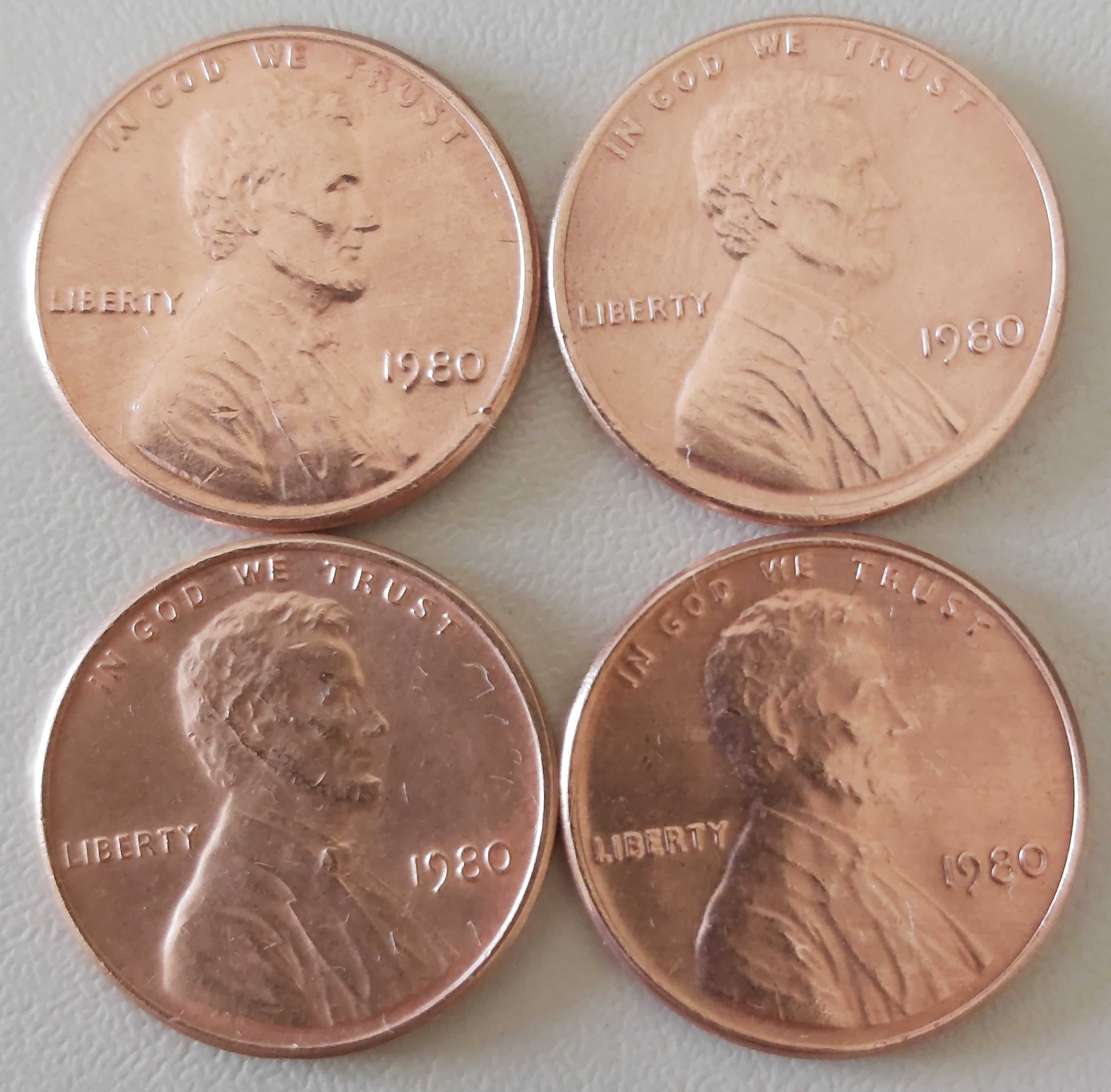 Lote 4 Moedas de One Cent de 1980  dos USA Abraham Lincoln