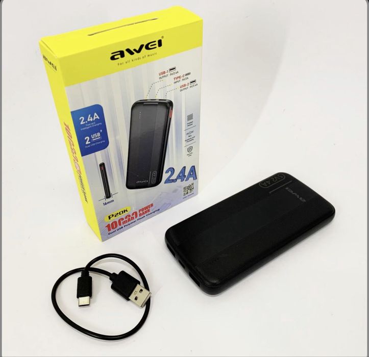 Power Bank Awei P20K 10000 mah Портативне зарядне УМБ 2xUSB чорний