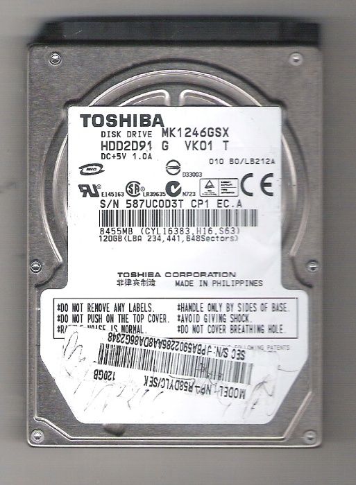 Продам недорого жёсткий диск для ноутбука TOSHIBA 2,5”(SATA), 120 гб,.