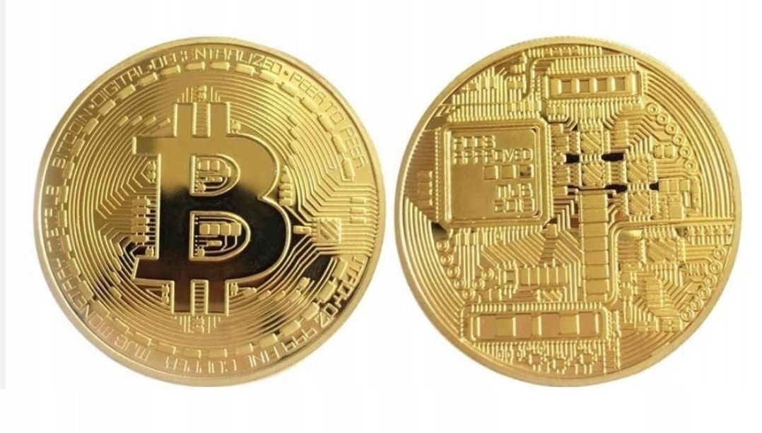 Złota moneta kolekcjonerska Bitcoin BTC duża 40mm.