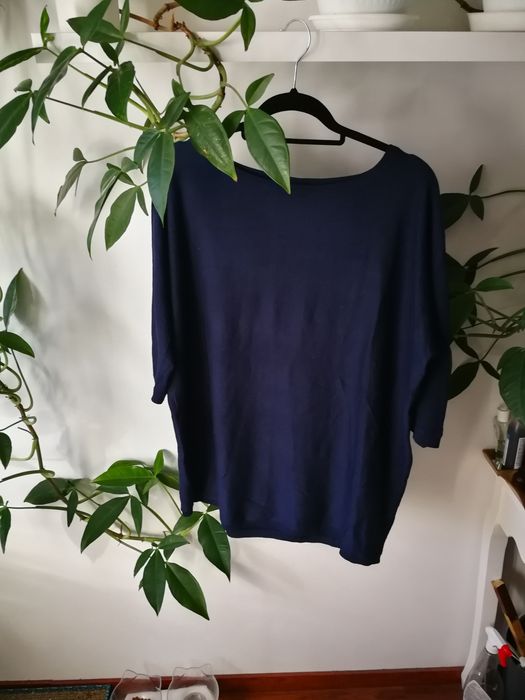 Granatowa dzianinowa tunika z rękawem 3/4 plus size 
biust 2x65 cm do