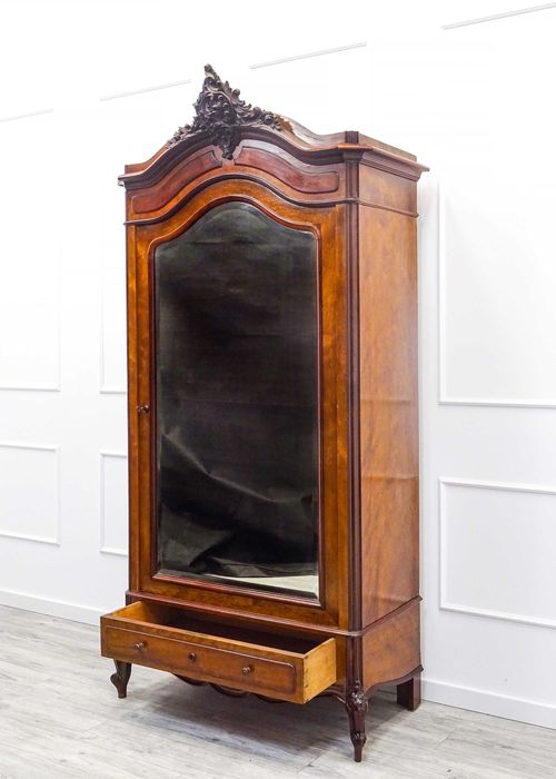 Antyk DREWNIANA szafa BIELIŹNIARKA Rocaille Orzech LUSTRO front 1p. XX