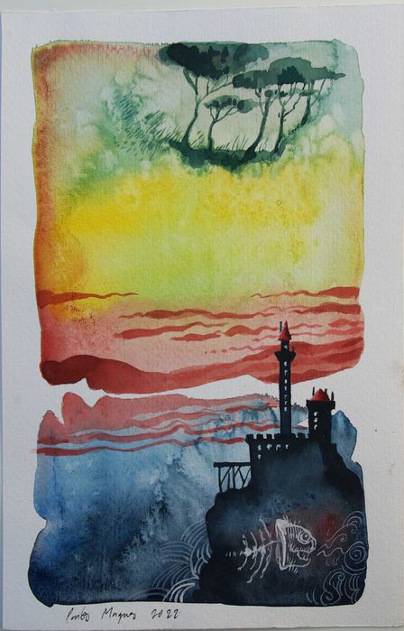 Aguarela original de Carlos Marques. Fantasia, surreal, castelos