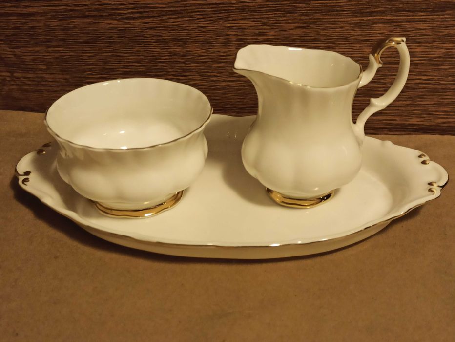 Zestaw porcelany Royal Albert Val d'Or Cukiernica+Mlecznik+Tacka