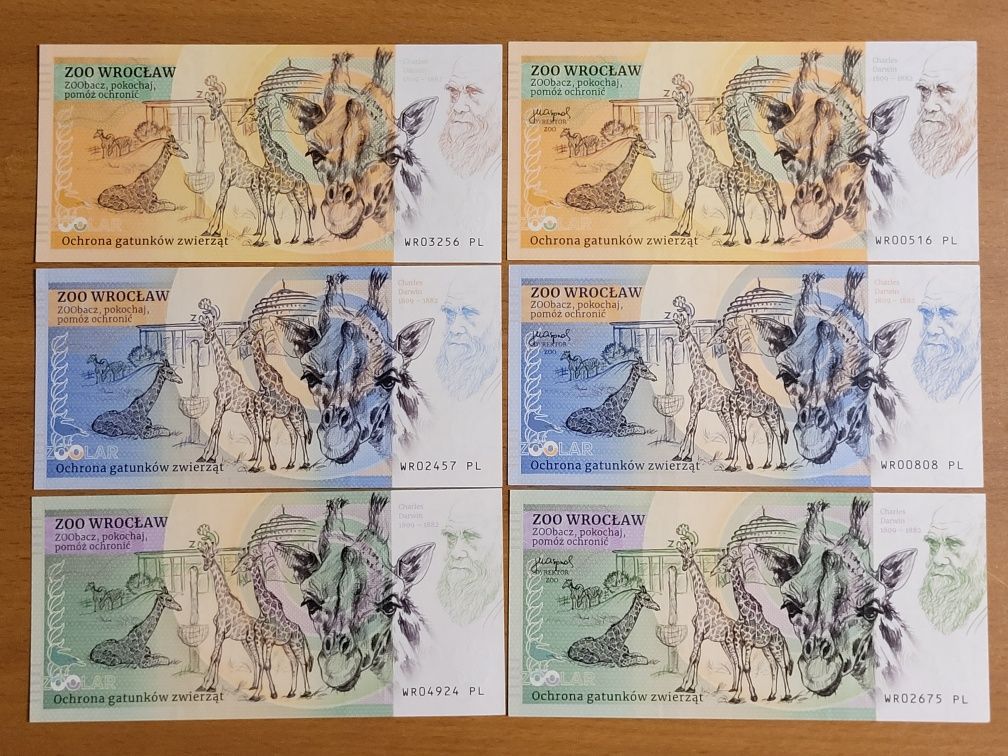Banknoty kolekcjonerskie Zoo Wrocław ZOOLAR dwa różne warianty