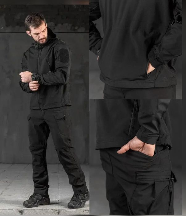 Костюм на флисе софтшел черный, куртка и штаны военная форма Львов.