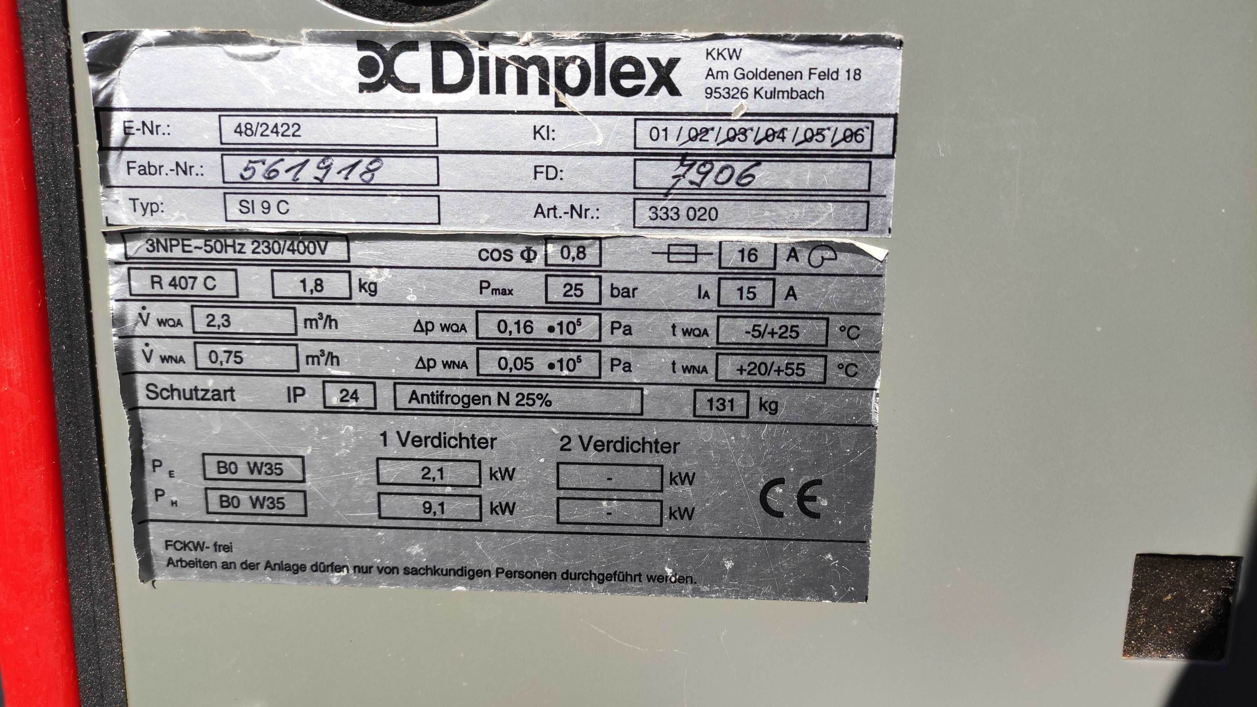 Pompa ciepła 9 KW DIMPLEX glikol woda gruntowa