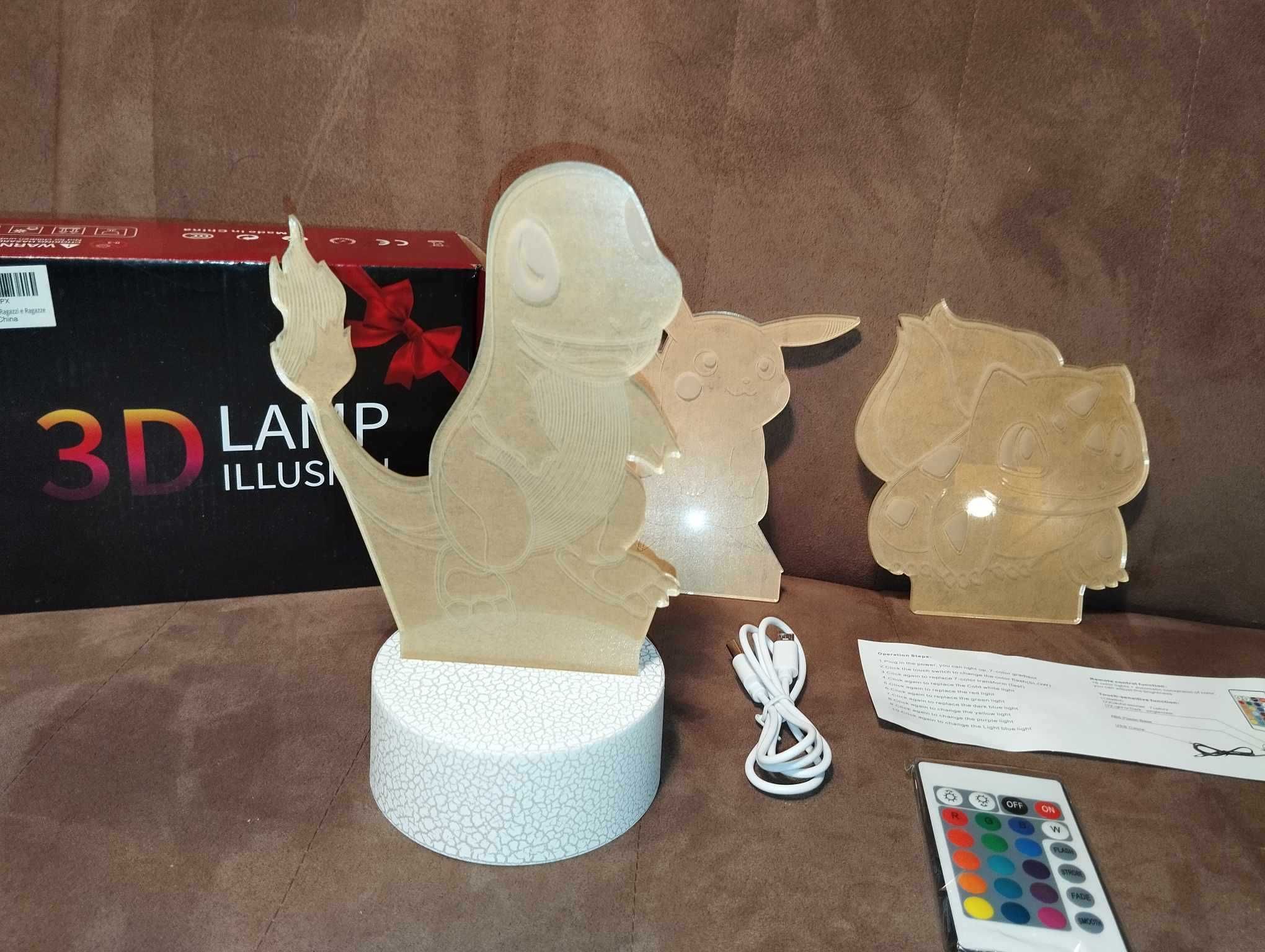 Lampka 3D LED RGB z Pilotem - Pokemon Pikachu Charmander Bulbasaur