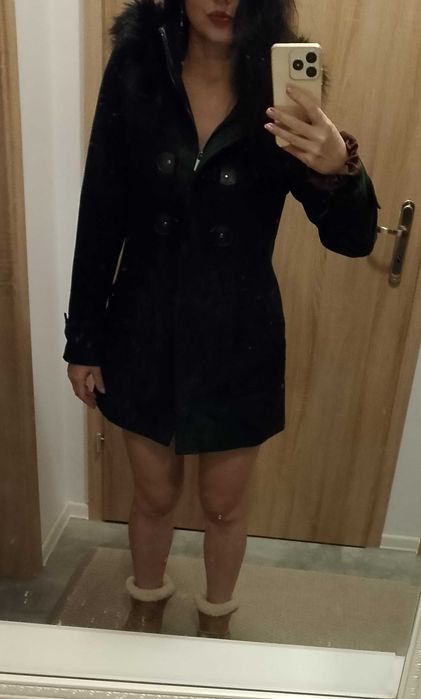 Płaszcz wełniany zimowy rossodisiera 38 m zielony  kaptur futerko