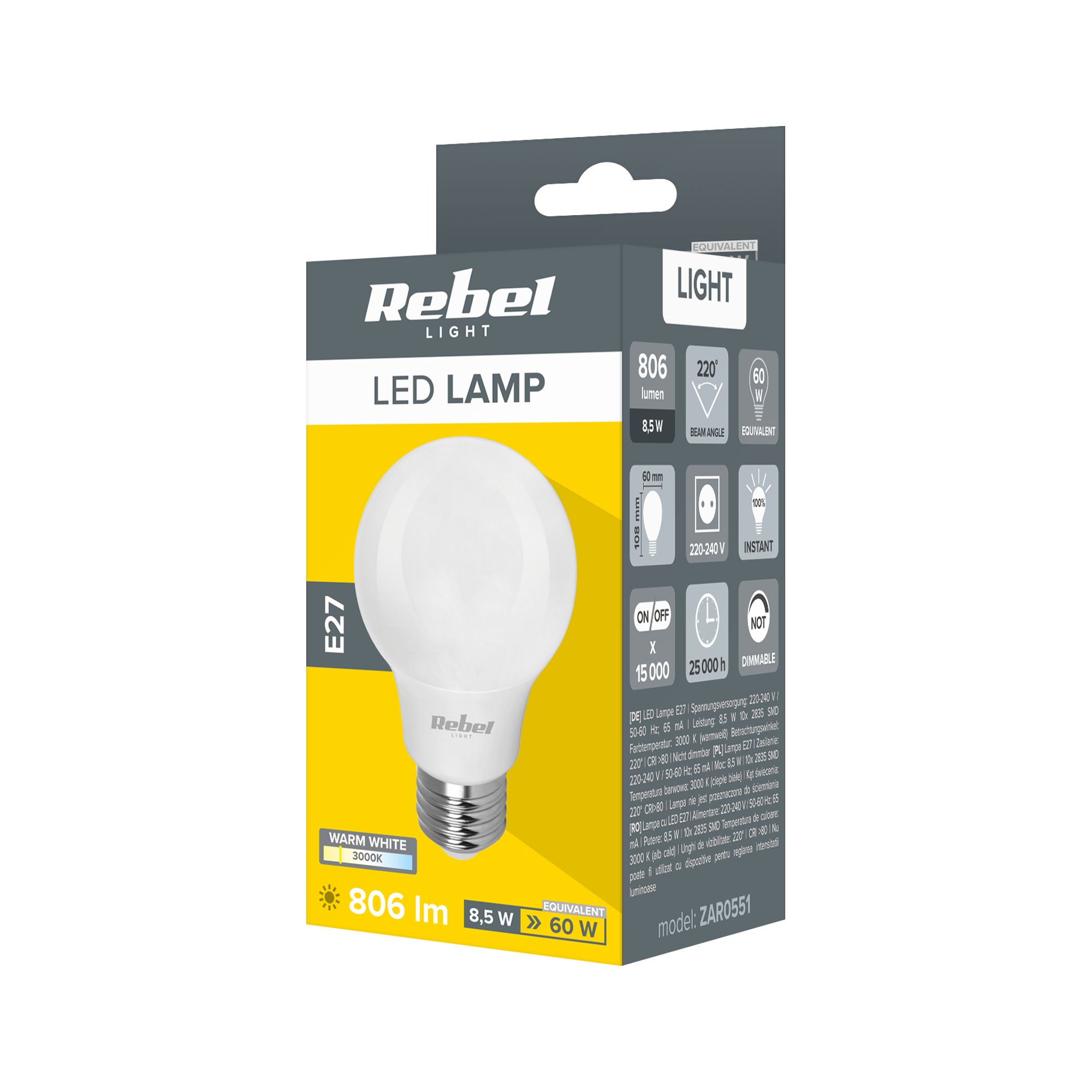 Lampa LED Rebel A60 8,5W. 3000K, 230V