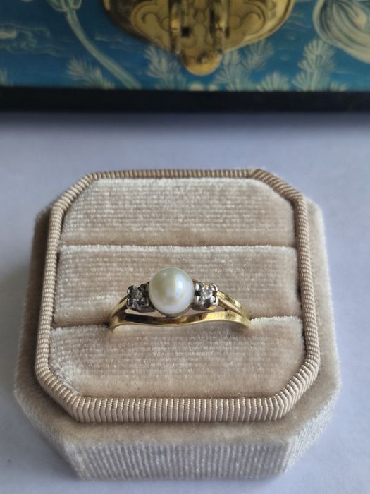 Retro pierścionek złoto 14 k perła diamenty R22 certyfikat