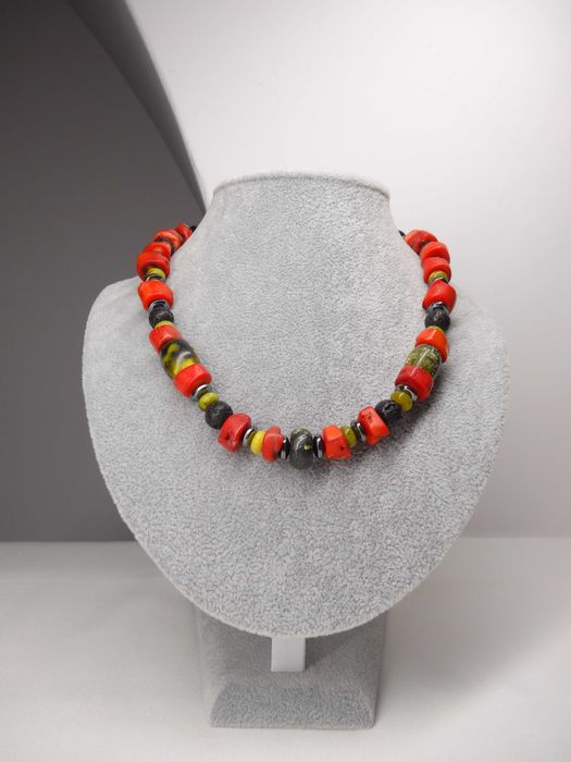 Naszyjnik boho koral, hematyt, lawa wulkaniczna, srebro 925