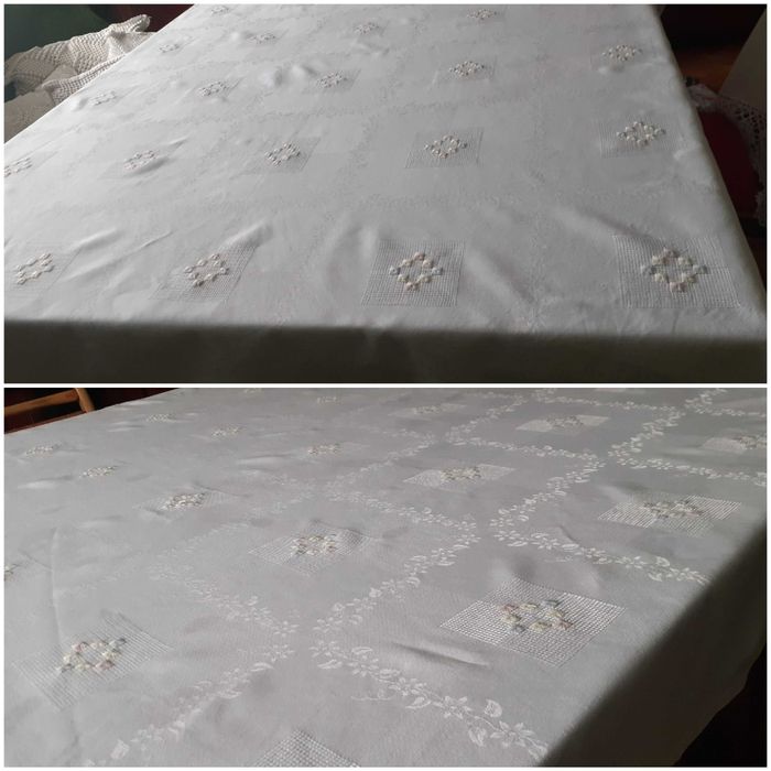 Obrus biały satynowy wzór oraz hafty