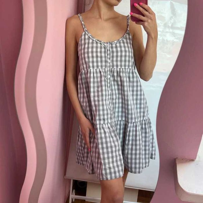 sukienka letnia rozkoszowana ramiączka warkocze w krate vintage Oysho