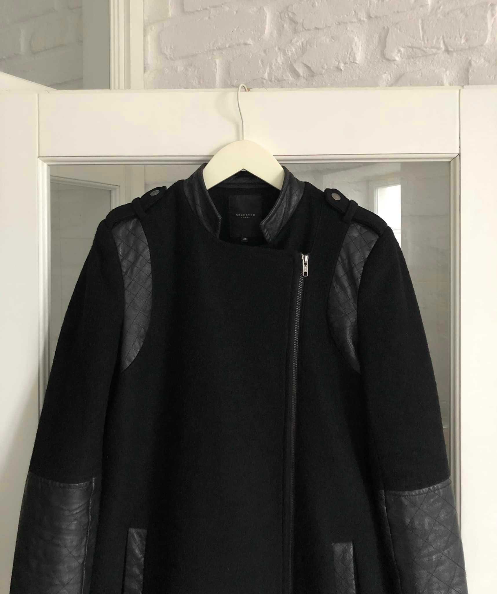 Selected Femme czarny wełniany płaszcz skórzany kurtka skóra max mara