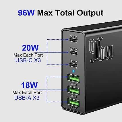 Szybka ładowarka USB, 【3USB-C + 3USB-A】 Ładowarka PD 96 W