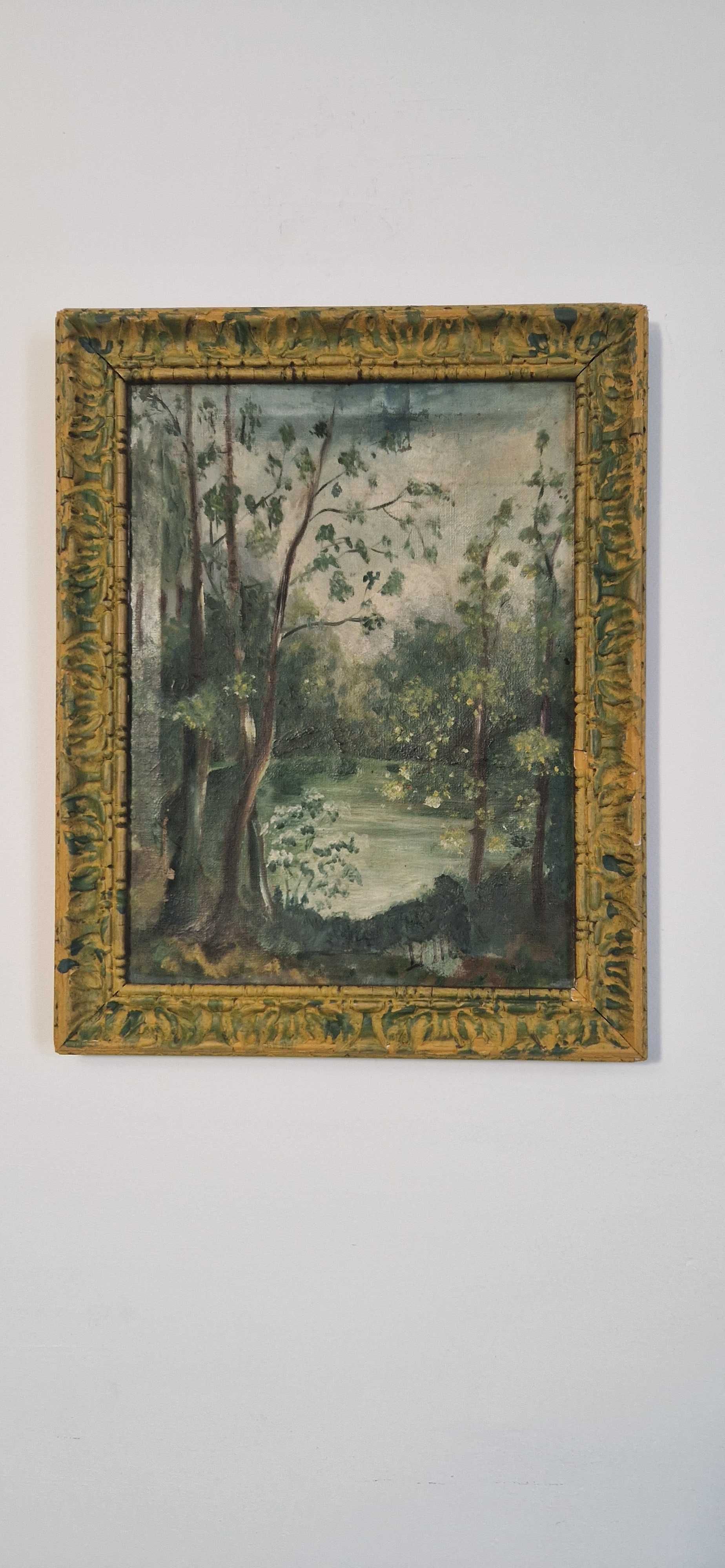 Stary obraz zielony pejzaż pt. Jezioro w lesie sygnowany antyk