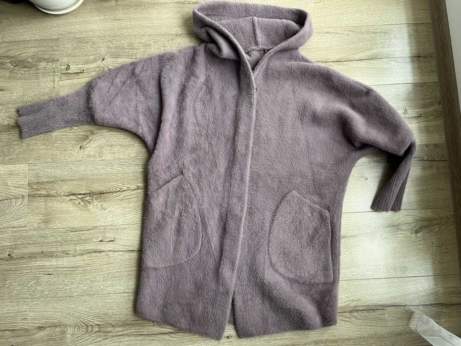 Damski sweter kardigan lawendowy z kapturem XL