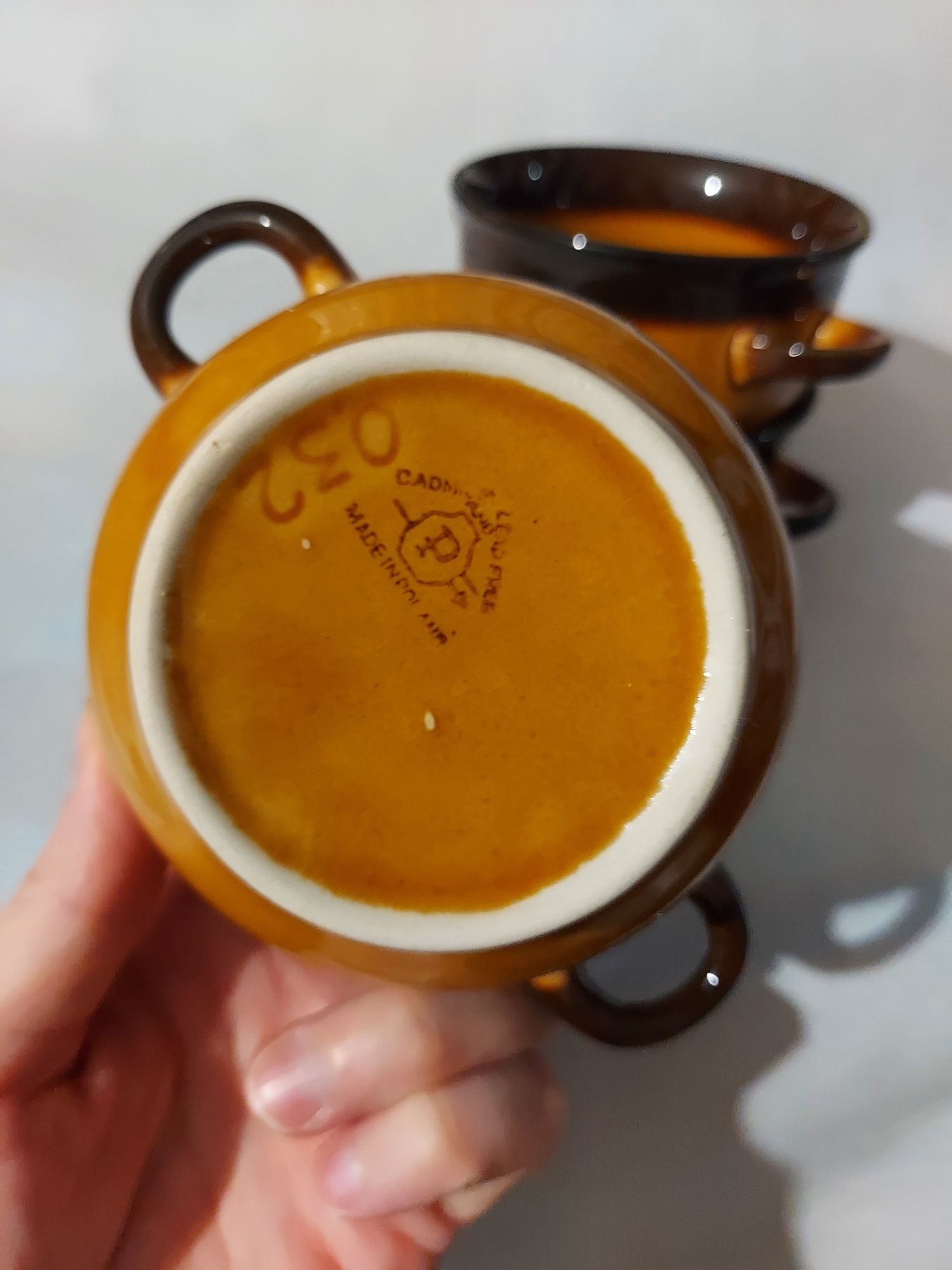 Trzy bulionówki brązowe vintage fajans Pruszków