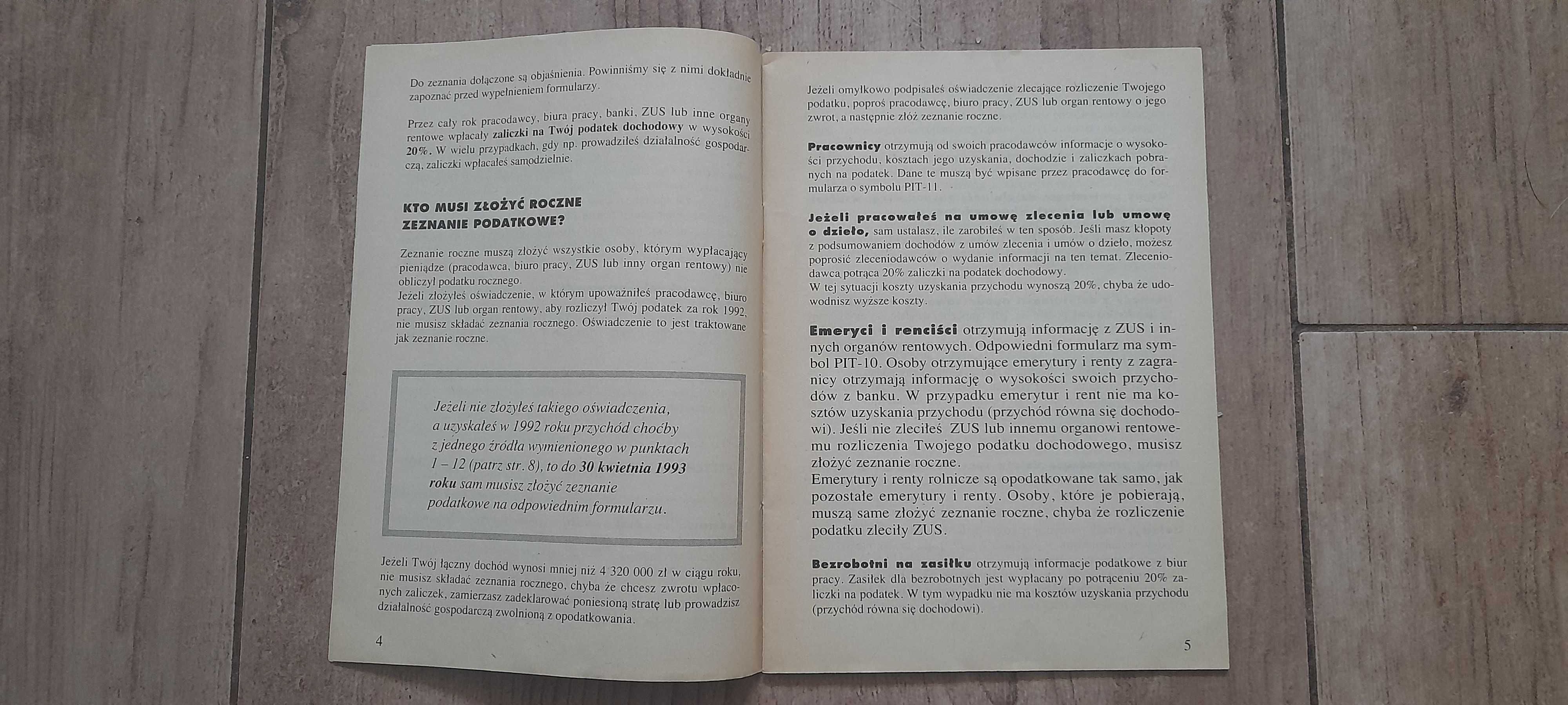 "Jak płacić podatek dochodowy od osób fizycznych za rok 1992" broszura