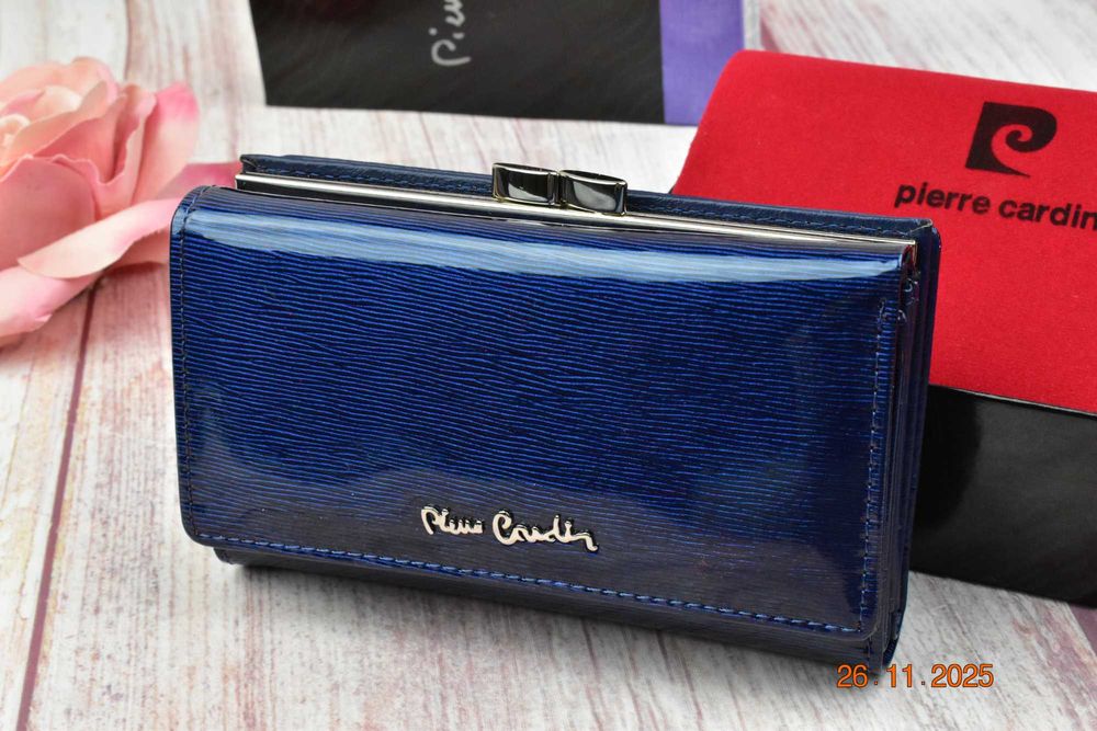 Pierre Cardin portfel damski skóra naturalna lakierowana niebieski