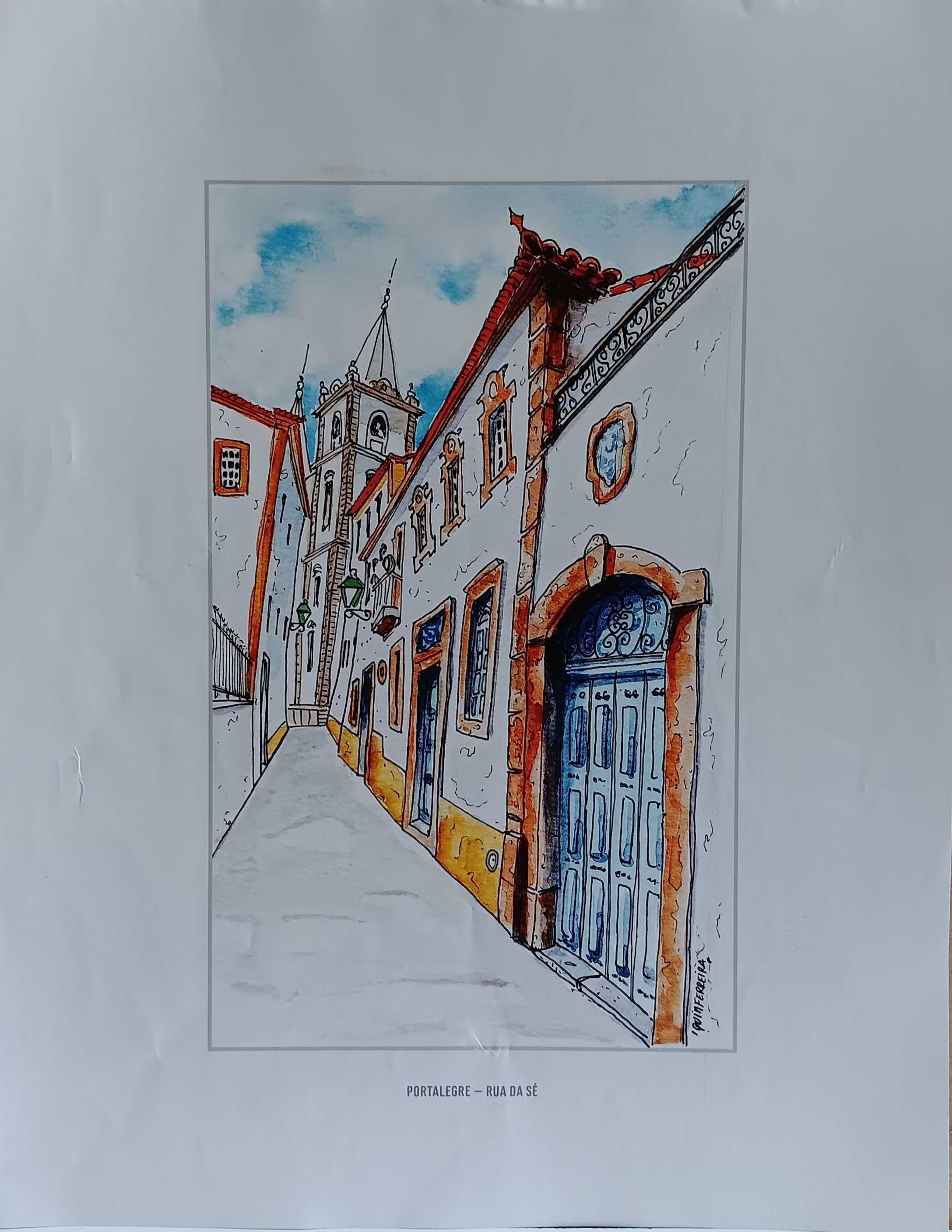 Portalegre em litografia de aguarela de Quim Ferreira