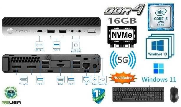 Mini-Pç HP 800G4 8ªG.|i5 8500T-3.5G|M.2-500G+HD500G|16G|5G+BT|W11