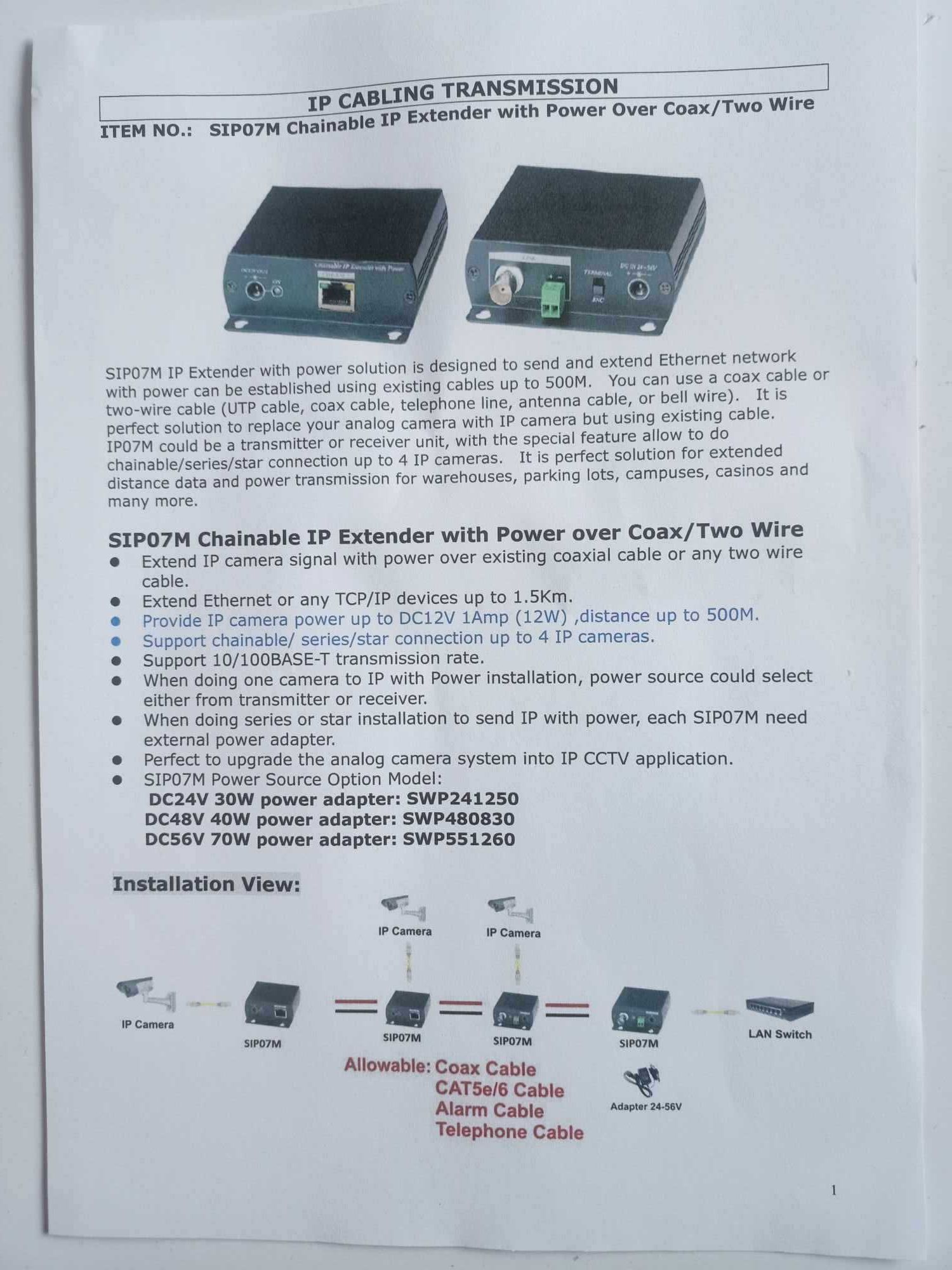 2-żyłowy transmiter IP z zasilaniem IP CABLING TRANSMISSION SIP07M