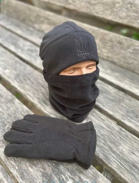 Комплект флісова шапка+баф олива набір тепла зимова тактична шапка+баф