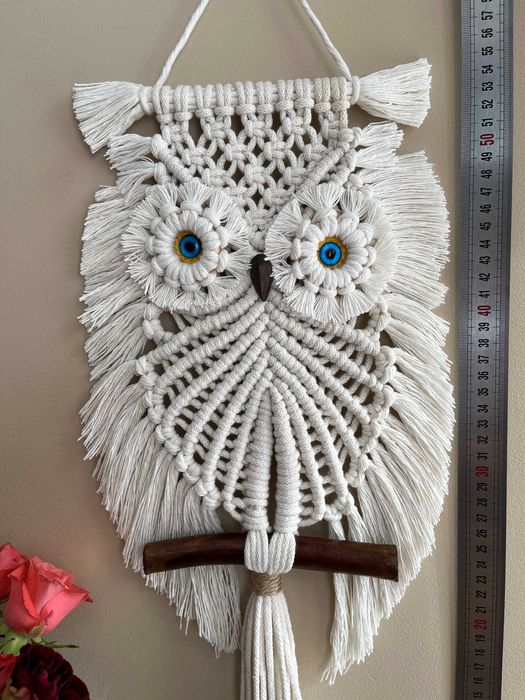 Makrama Biała Sówka - niebieski oczy