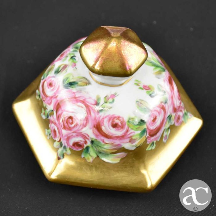 Pote com tampa hexagonal porcelana Artibus, pintado a ouro e à mão