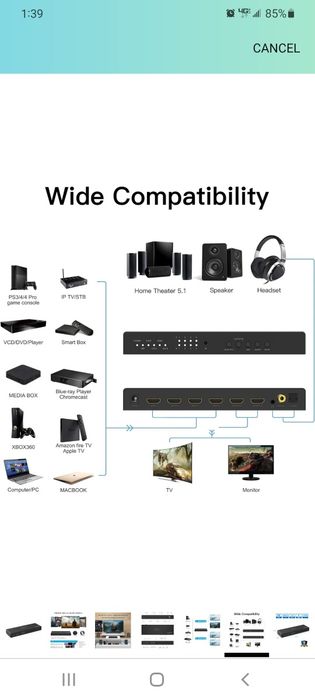 PORTTA HDMI Matrix 4x2, 4 In 2 Out 4K HDMI Matrix Switch Splitter with