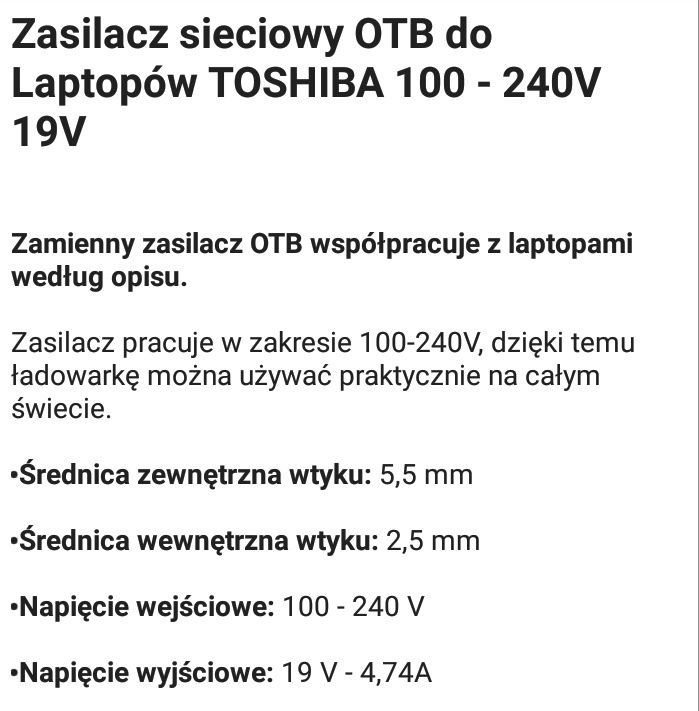 Zasilacz do laptopów 100-240V 19V 4.7 A