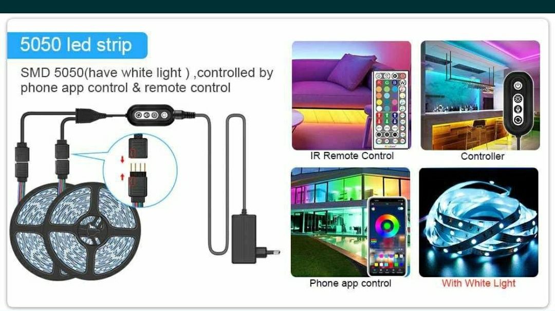 Taśma LED RGB 5050 kolorowa + pilot Bluetooth 10m