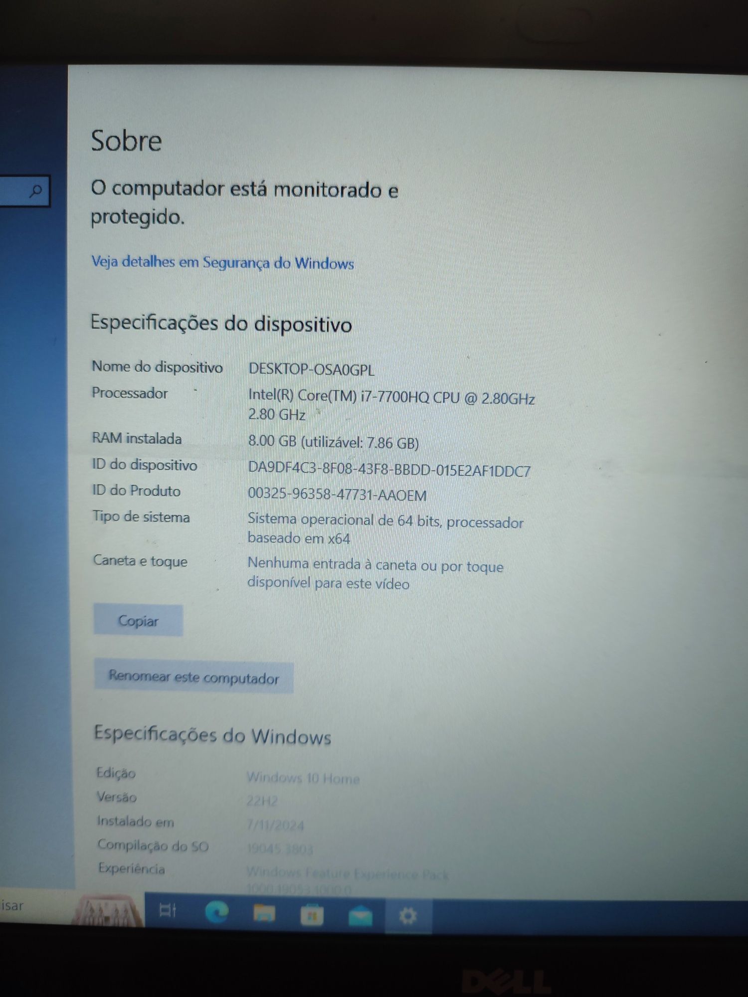Portátil DELL Inspiron 15 7000 Intel quad core i7 8GB