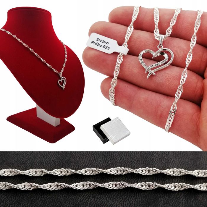 Srebrny łańcuszek singapur+serce 50cm 925 GWARANCJA PREZENT