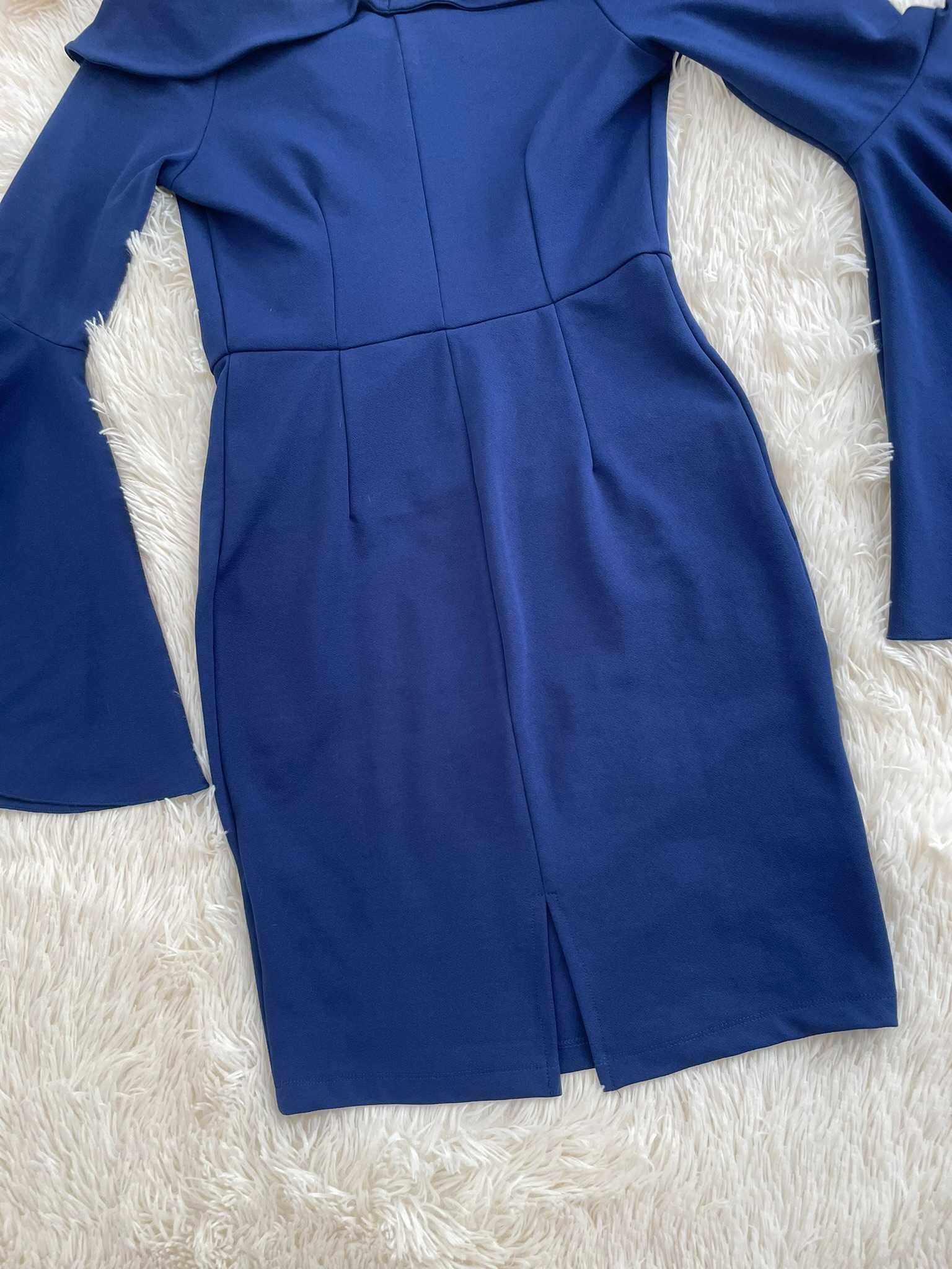 Sukienka granatowa elegancka rozkloszowane rękawy retro M 38 L 40
