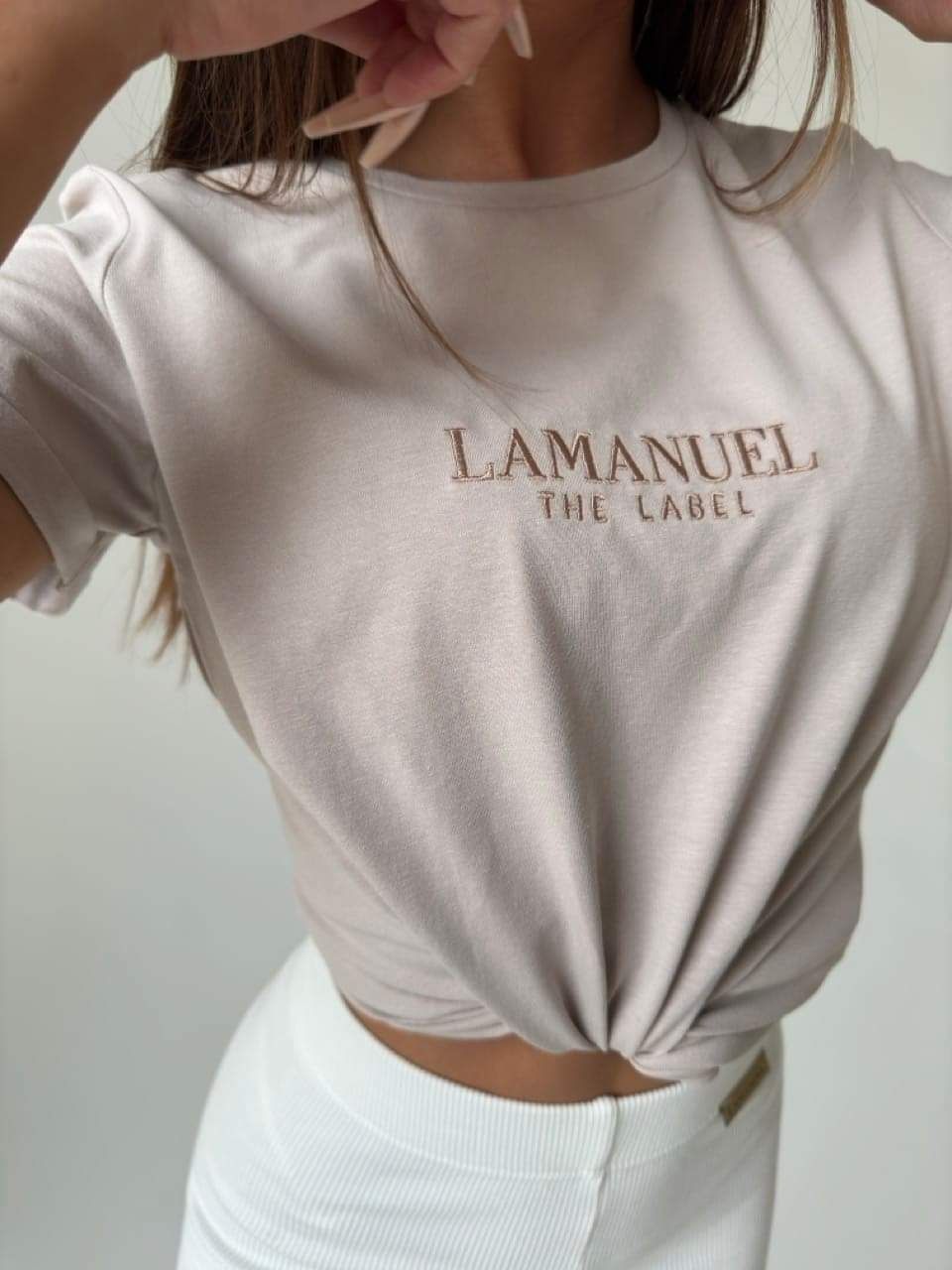 T-shirt damski La Manuel Basic beżowy szary ecru