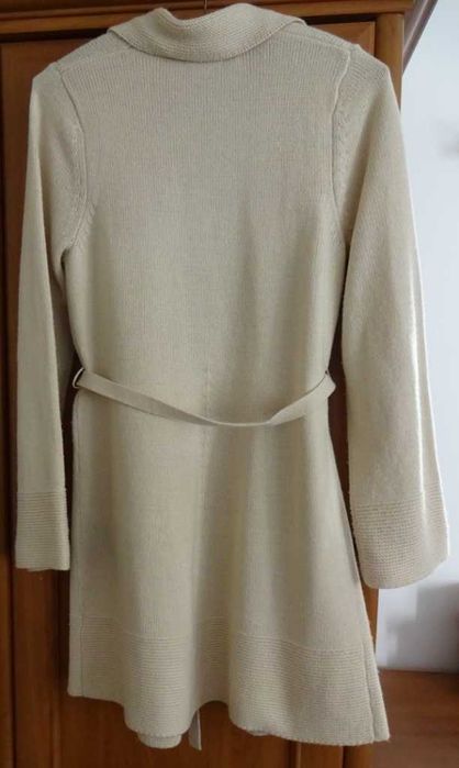 Kardigan Jasny Beżowy Długi, Ciepły, Kołnierz, Prosty Wzór, Praktyczny