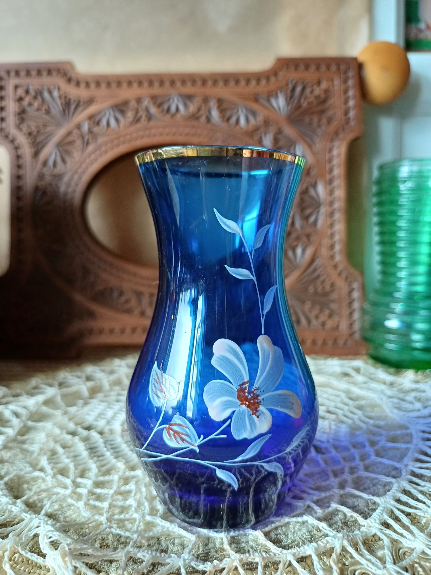 Flakonik wazonik wazon kobalt malowany niebieski stare szkło
