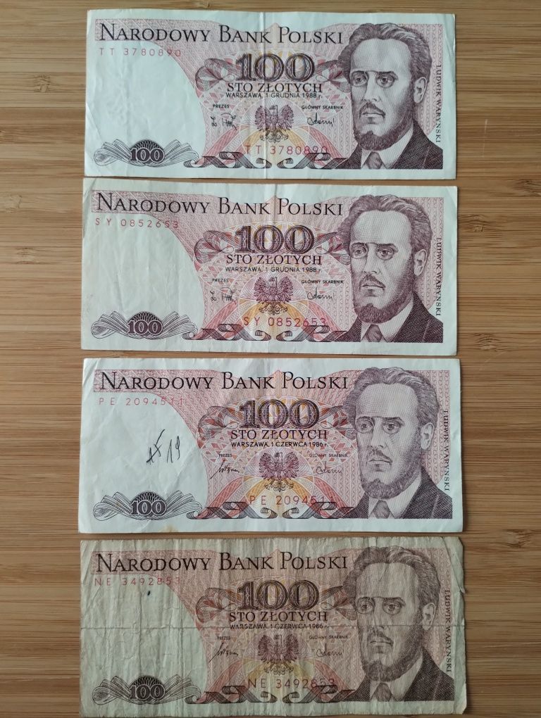 16 banknotów, Polska, PRL, 100 złotych, 1986 i 1988