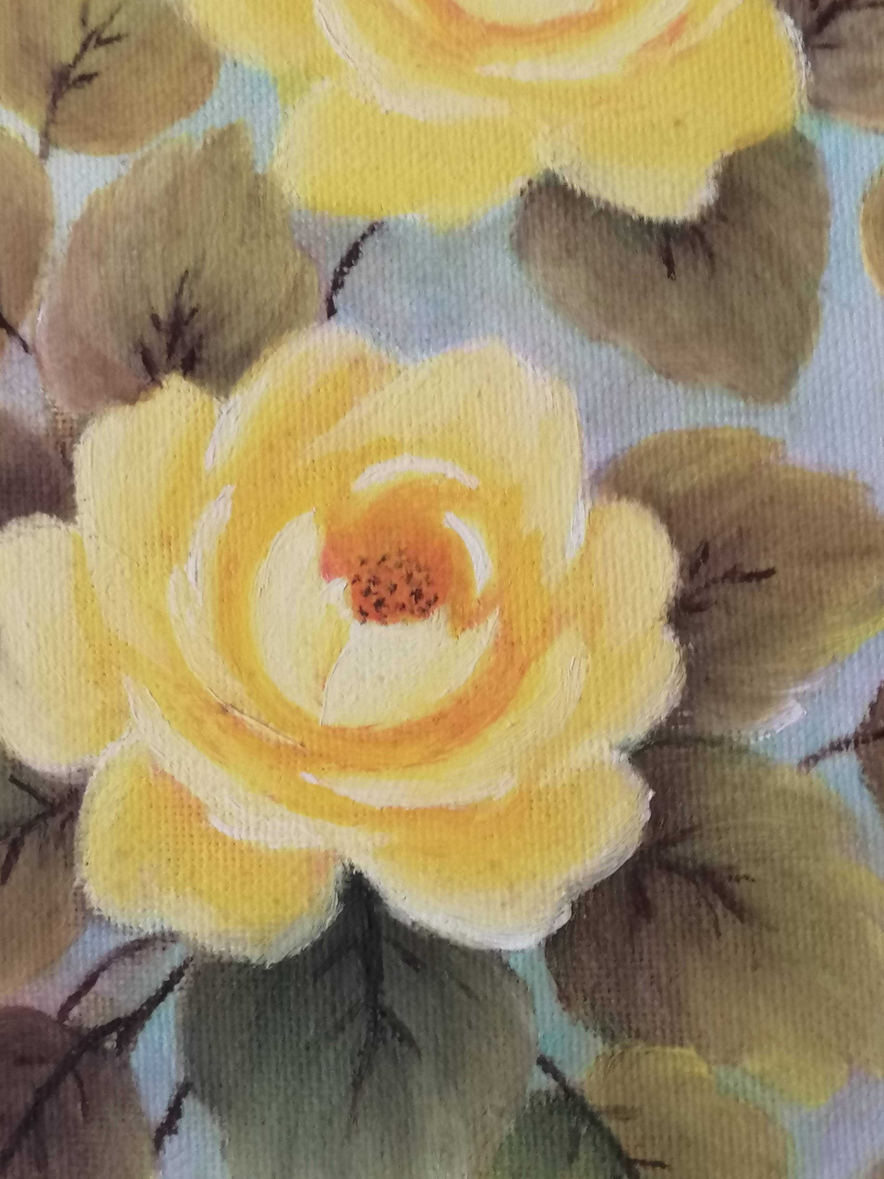2 Quadros - Pinturas a óleo  s/ tela - rosas amarelas e jarros brancos