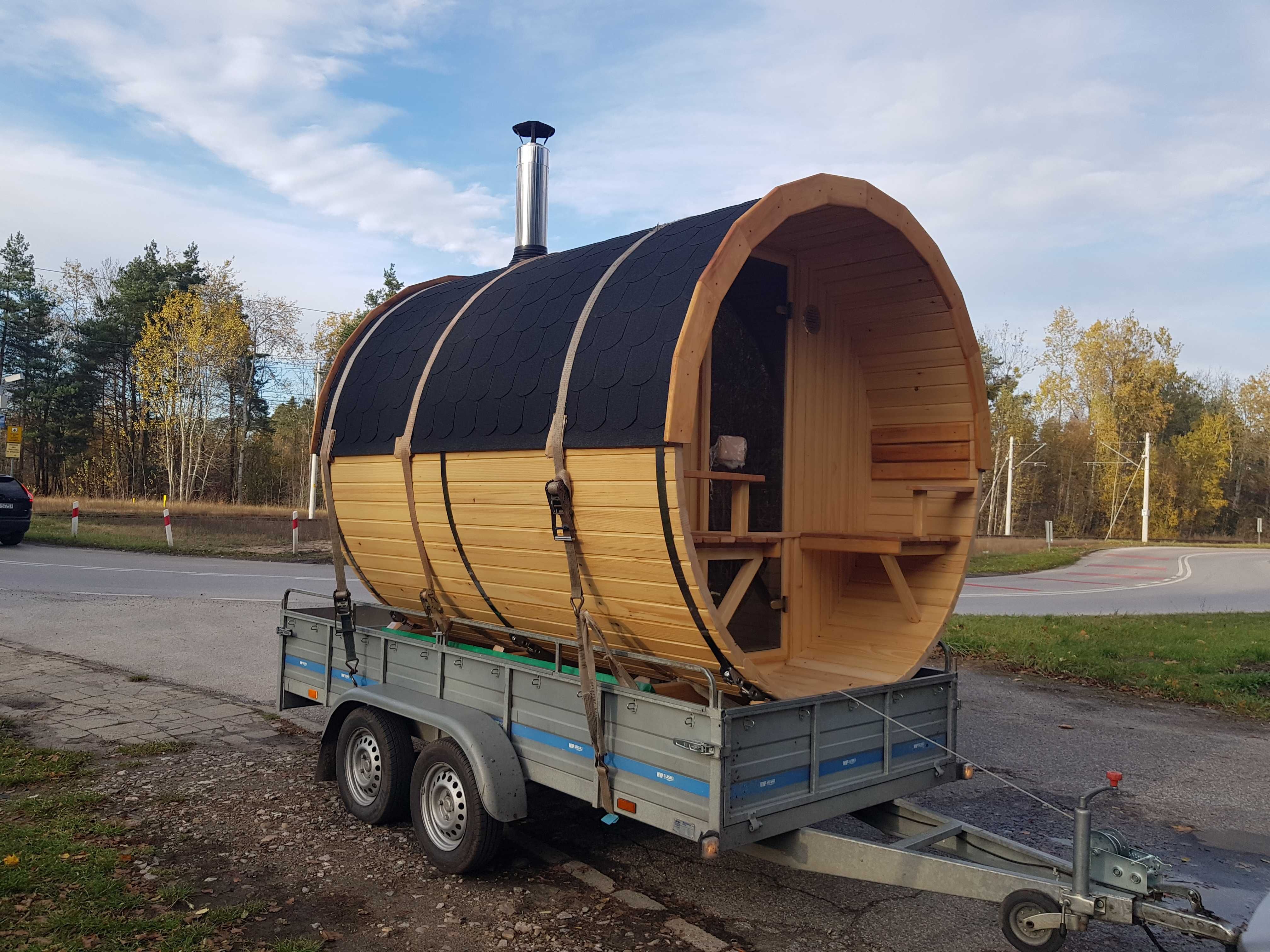 Sauna ogrodowa drewniana z tarasem beczka piec drewno 2,5m szyba 50%