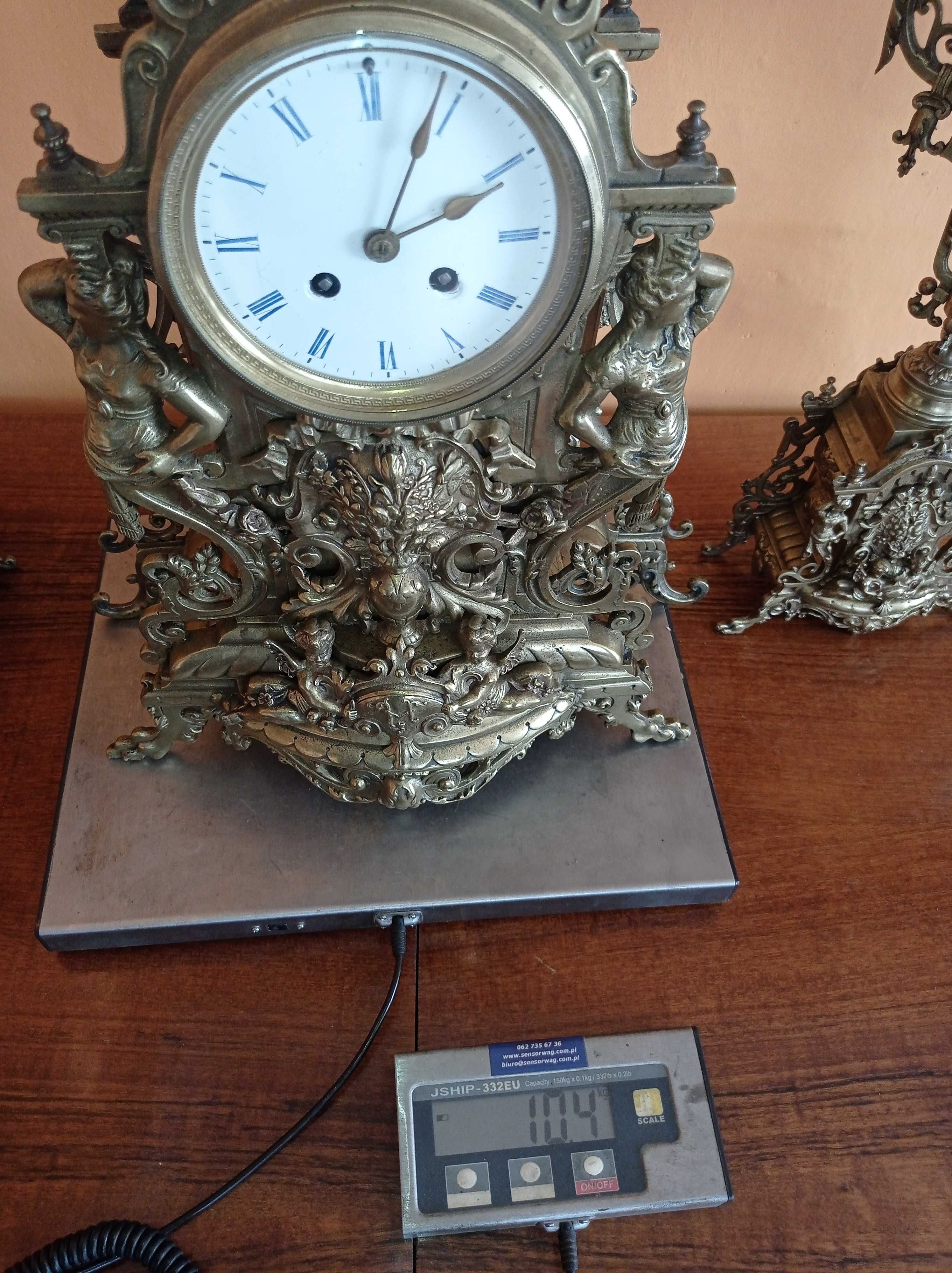Stary zegar kominkowy + 2 świeczniki - 18 kg - brąz - PIĘKNE !